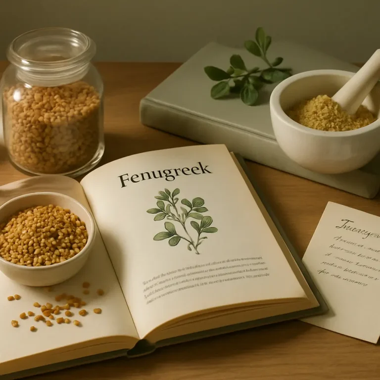 Open book displaying an illustration of fenugreek with seeds in a jar and bowl, highlighting healthy eating and wellness benefits of natural supplements.
