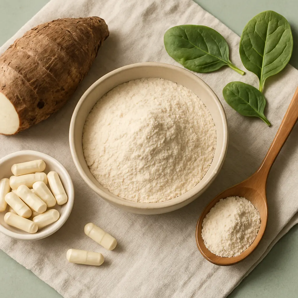 Arrangement of yam root, spinach leaves, powder in a bowl, capsules, and a wooden spoon, symbolizing natural supplements and healthy eating.