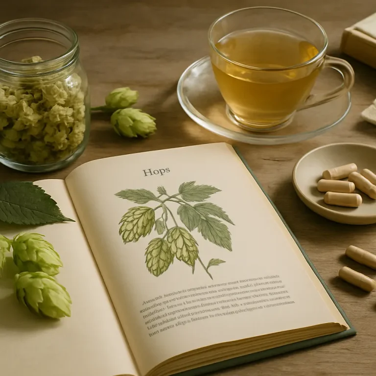 Book displaying hops illustration with a jar of dried hops, a cup of herbal tea, and a plate of supplements, symbolizing vitamins, wellness, and healthy eating.