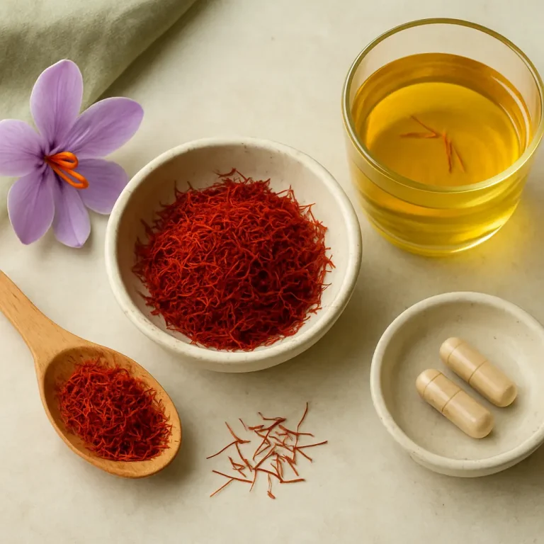 Saffron threads in a bowl, with a glass of saffron-infused tea and capsules, symbolizing natural supplements, wellness, and healthy eating.