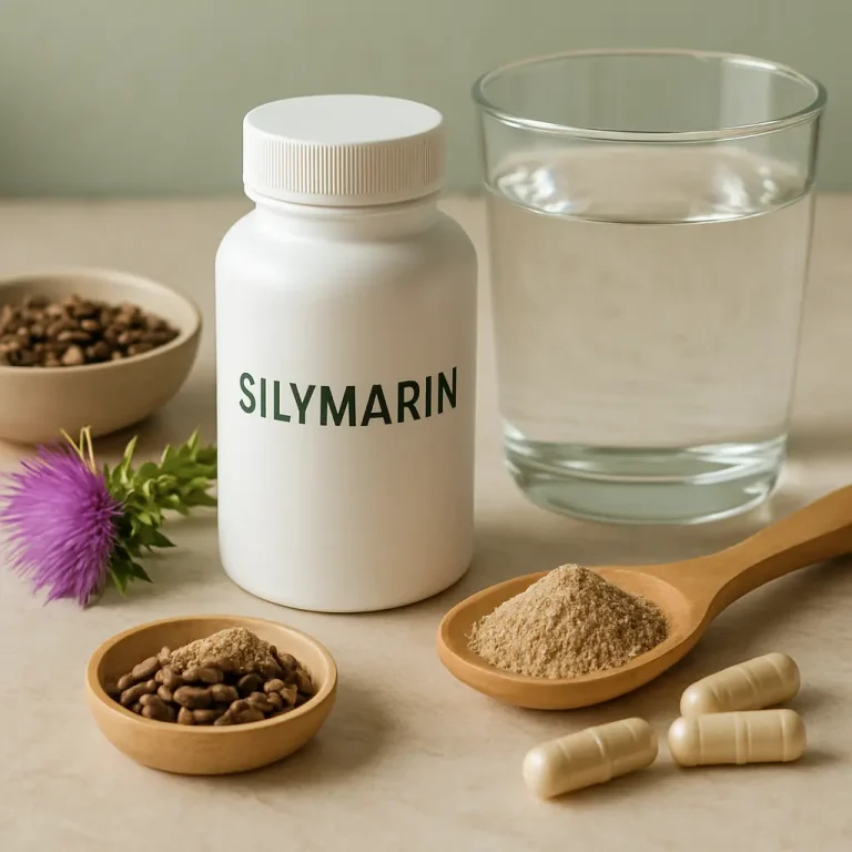 Silymarin supplement bottle surrounded by a glass of water, capsules, a scoop of powder, seeds, and a purple thistle flower, highlighting natural health, vitamins, and wellness benefits.