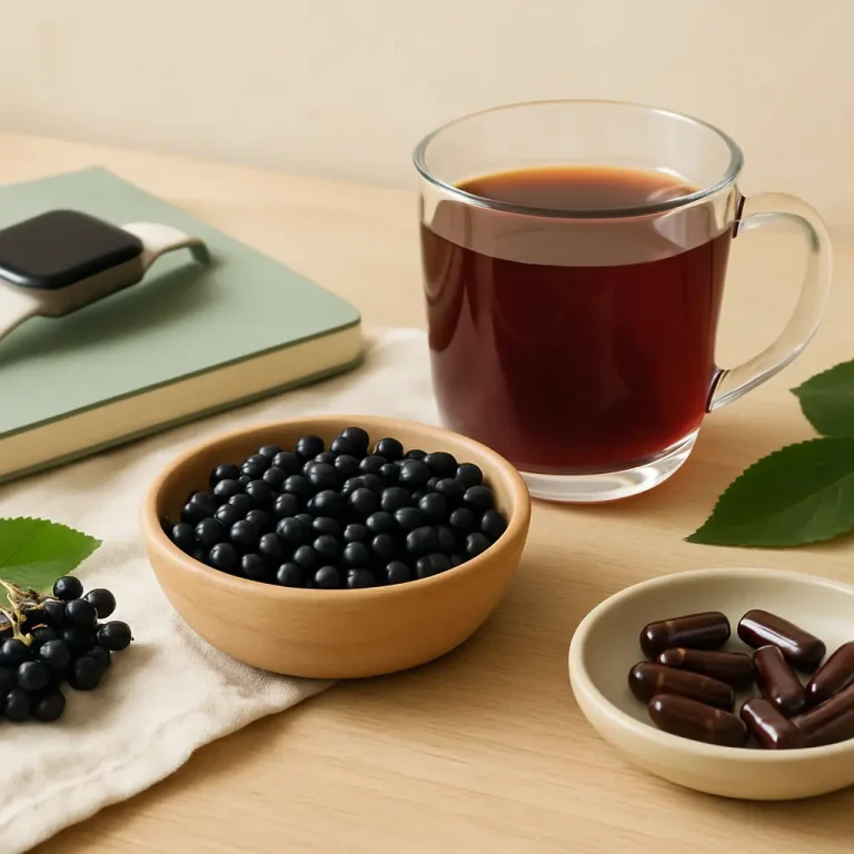 Glass of herbal tea, a bowl of black supplements, and capsules on a table with leaves, promoting wellness and healthy eating.
