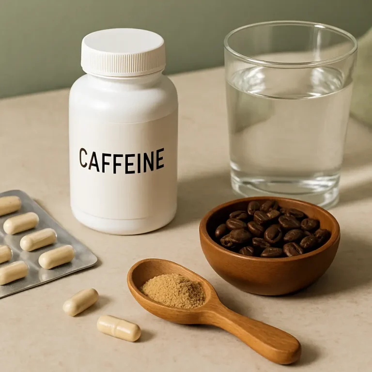 Caffeine supplements and coffee beans on a table alongside a glass of water, highlighting energy-boosting and wellness benefits associated with fitness and healthy living.