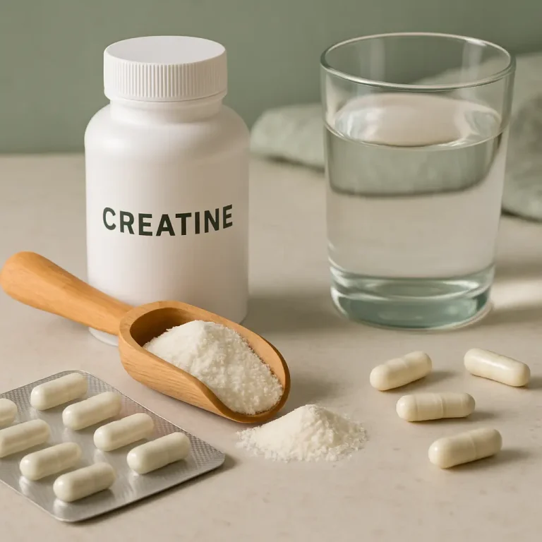 A creatine supplement container with powder and capsules displayed next to a glass of water, highlighting fitness and wellness benefits.