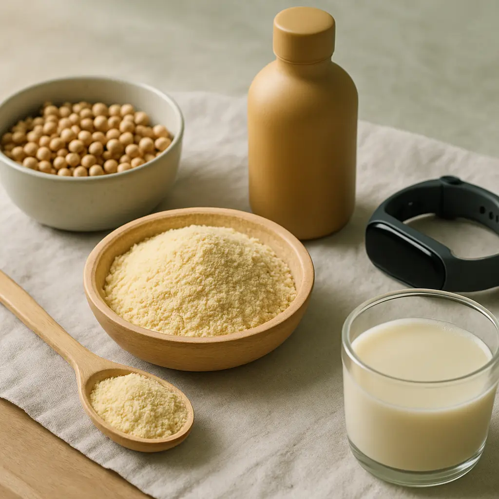 A collection of health and wellness items includes a bowl of protein powder, a glass of milk, soybeans in a bowl, a supplement bottle, and a fitness tracker, highlighting nutrition, supplements, and fitness essentials.