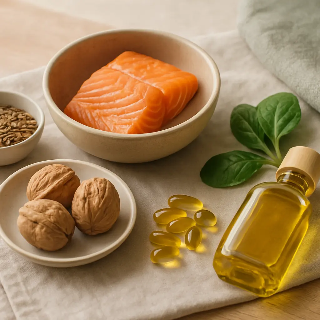 Healthy foods including salmon, walnuts, and spinach, alongside flaxseeds, fish oil supplements, and a bottle of oil, emphasizing vitamins, wellness, and healthy eating for fitness.