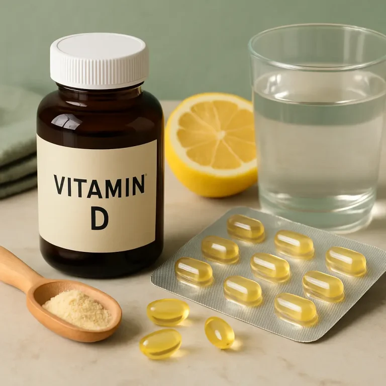 Vitamin D supplement bottle with capsules, a wooden spoon of powder, a glass of water, and a lemon half, emphasizing wellness, fitness, and healthy eating.