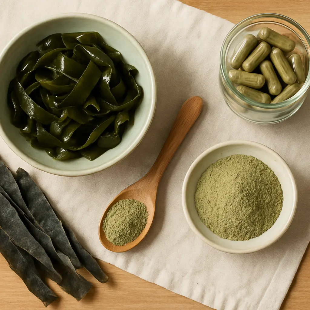Assorted seaweed and supplements including dried seaweed strips, a bowl of fresh seaweed, green powder in a bowl and spoon, and a jar of green capsules, emphasizing vitamins, wellness, and healthy eating.