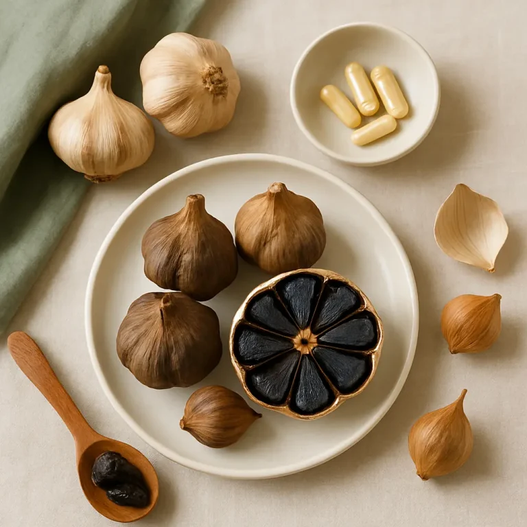 Image of black garlic bulbs and cloves on a plate with a bowl of vitamin capsules, highlighting healthy eating, wellness, and supplement benefits.