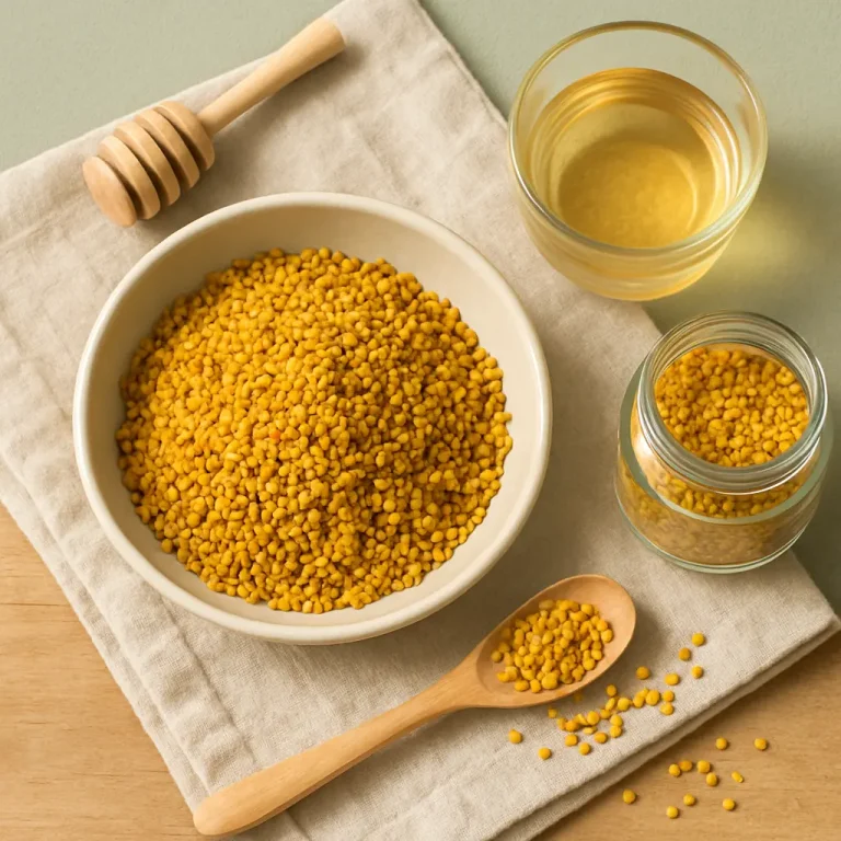Bowl and jar of bee pollen granules with a wooden spoon, alongside a glass and honey dipper, highlighting wellness, supplements, and healthy eating.