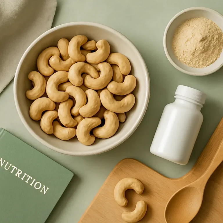 Bowl of cashews alongside a bottle of supplements, protein powder, and a book titled 'Nutrition,' symbolizing healthy eating, vitamins, and wellness.