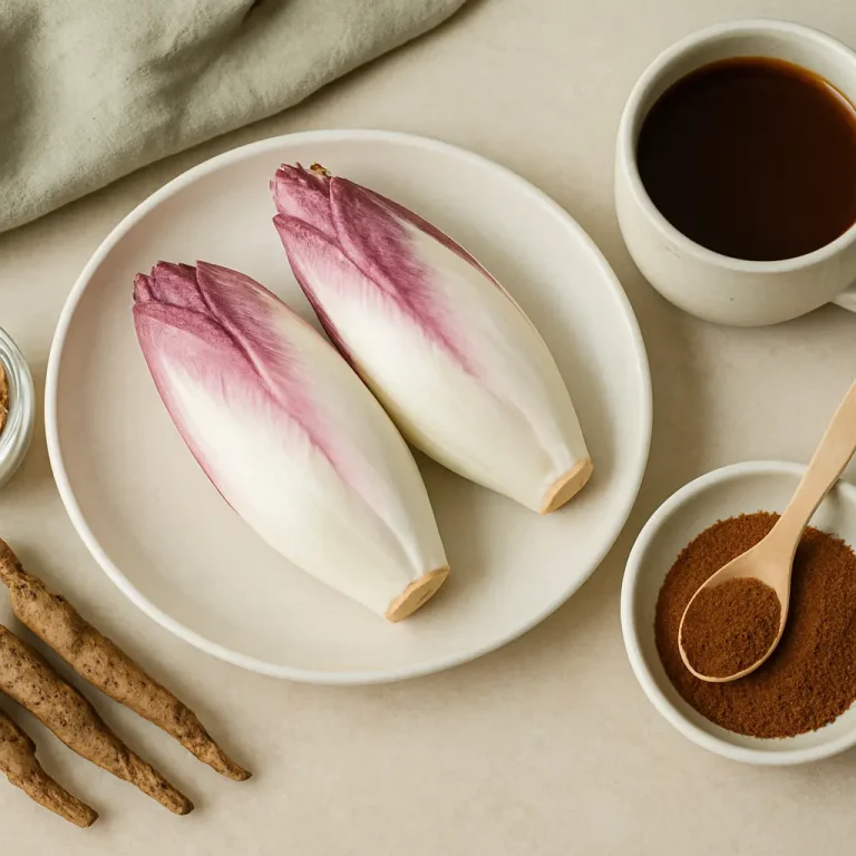 Fresh endive on a plate with coffee and supplement powders, highlighting healthy eating, wellness, and fitness benefits.
