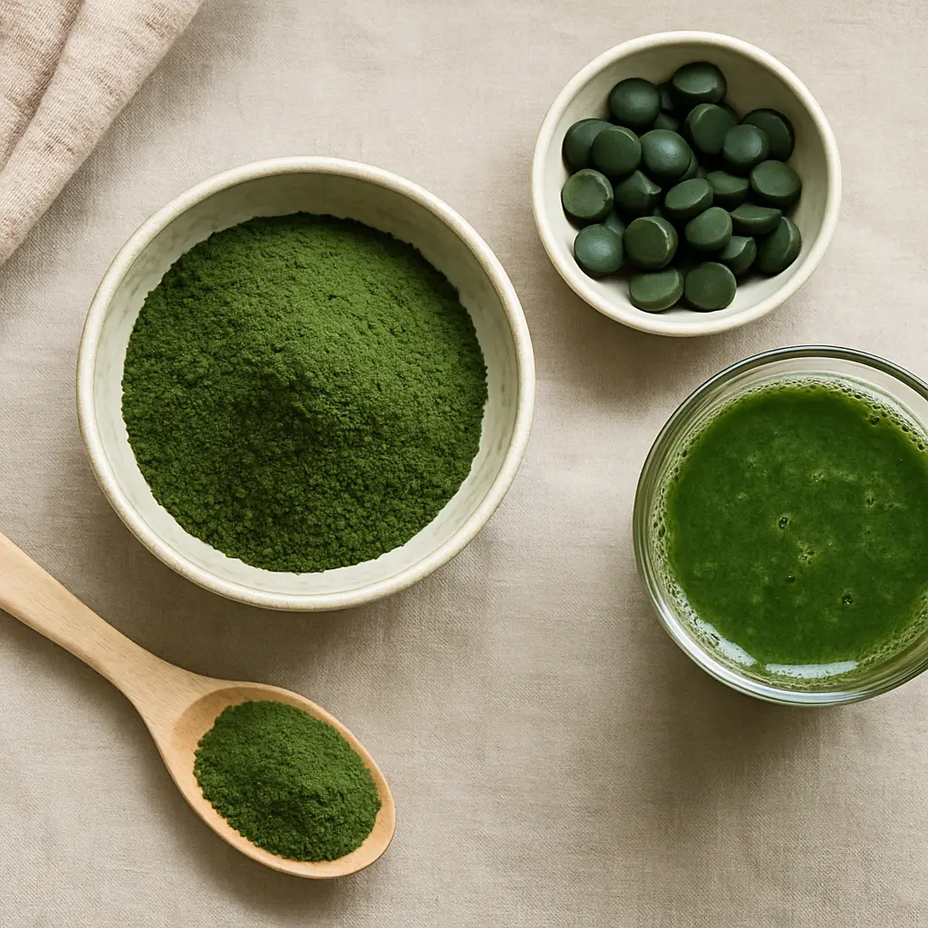 Spirulina powder and tablets in bowls, with a glass of green smoothie, symbolizing healthy eating, wellness, and supplements rich in vitamins for fitness.