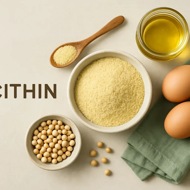 Lecithin supplements displayed with soybeans, a spoon of granular lecithin, a bowl of lecithin powder, eggs, and a jar of oil, promoting healthy eating and wellness.
