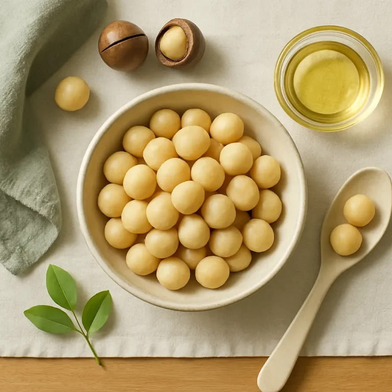 A bowl filled with macadamia nuts on a cloth with a small dish of oil, emphasizing dietary sources of vitamins and healthy fats ideal for wellness and healthy eating.