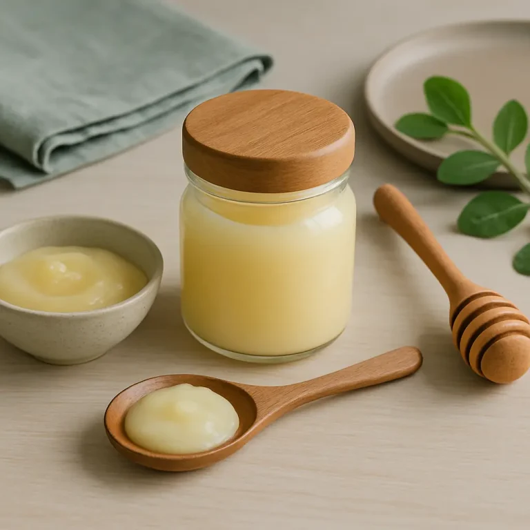 A jar, bowl, and spoon filled with creamy royal jelly, accompanied by a honey dipper and a green leaf, emphasizing natural wellness, supplements, and healthy eating.