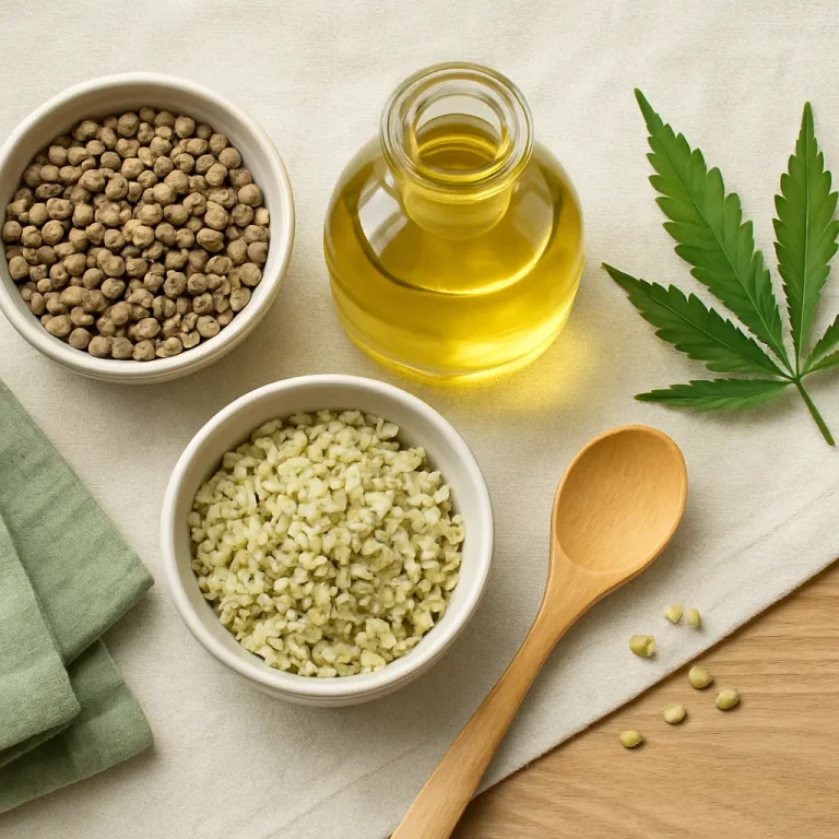 A flat lay featuring hemp seeds, hemp oil, and a cannabis leaf on a light background, highlighting nutritional values in vitamins, supplements, and healthy eating.