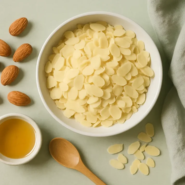 Bowl of almond slivers surrounded by whole almonds and a small dish of almond oil on a green background, highlighting healthy eating and wellness benefits.