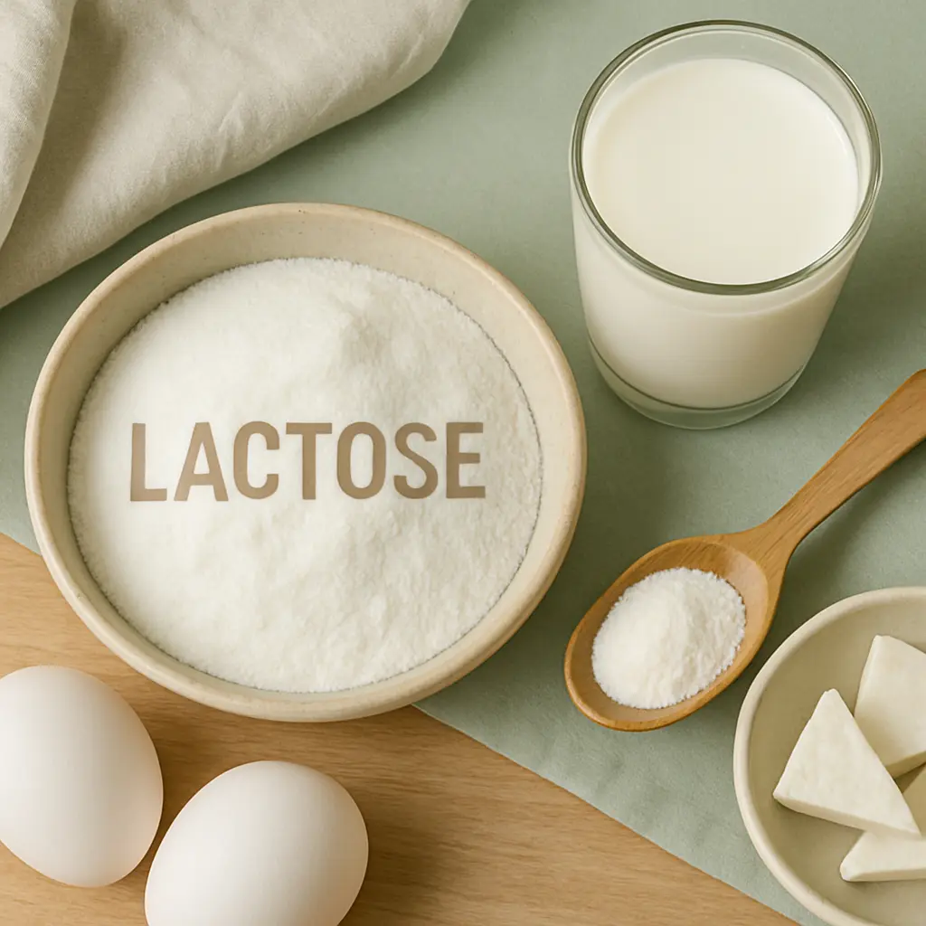 Lactose powder in a bowl next to a glass of milk, eggs, a wooden spoon with powder, and cheese pieces, highlighting dairy-related wellness and nutrition.