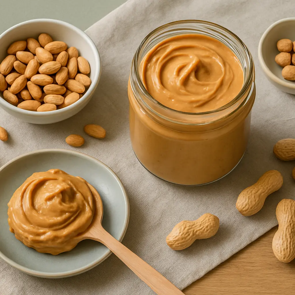 A jar of creamy peanut butter on a table, surrounded by bowls of almonds and whole peanuts, emphasizing protein-rich, healthy eating and nutrition.