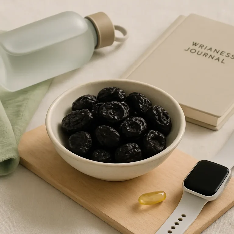 A bowl of dried prunes alongside a supplement capsule, fitness tracker, water bottle, and a journal, promoting vitamins, wellness, and healthy eating.