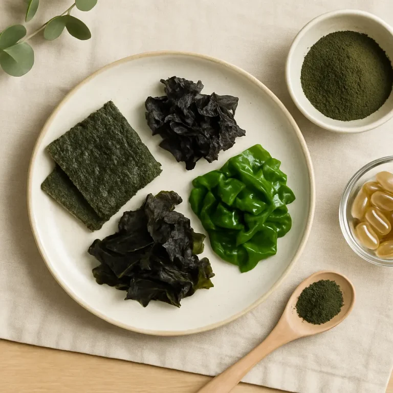 A variety of seaweed and algae supplements on a plate, with spirulina powder and capsules, promoting wellness, fitness, and healthy eating.