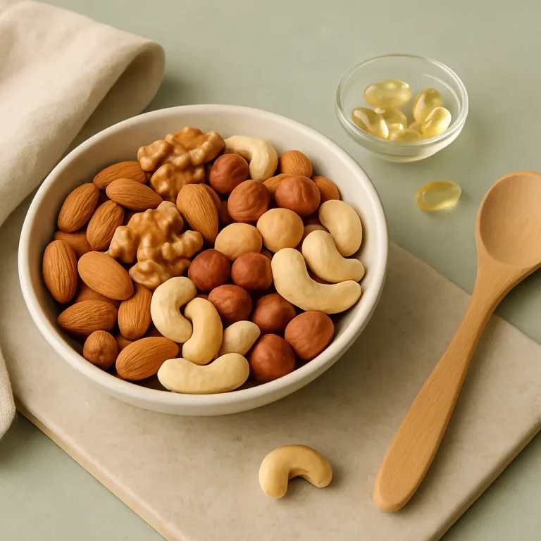 A bowl of assorted nuts including almonds, cashews, and walnuts, alongside a small dish of vitamin capsules, highlighting healthy eating and wellness supplements.