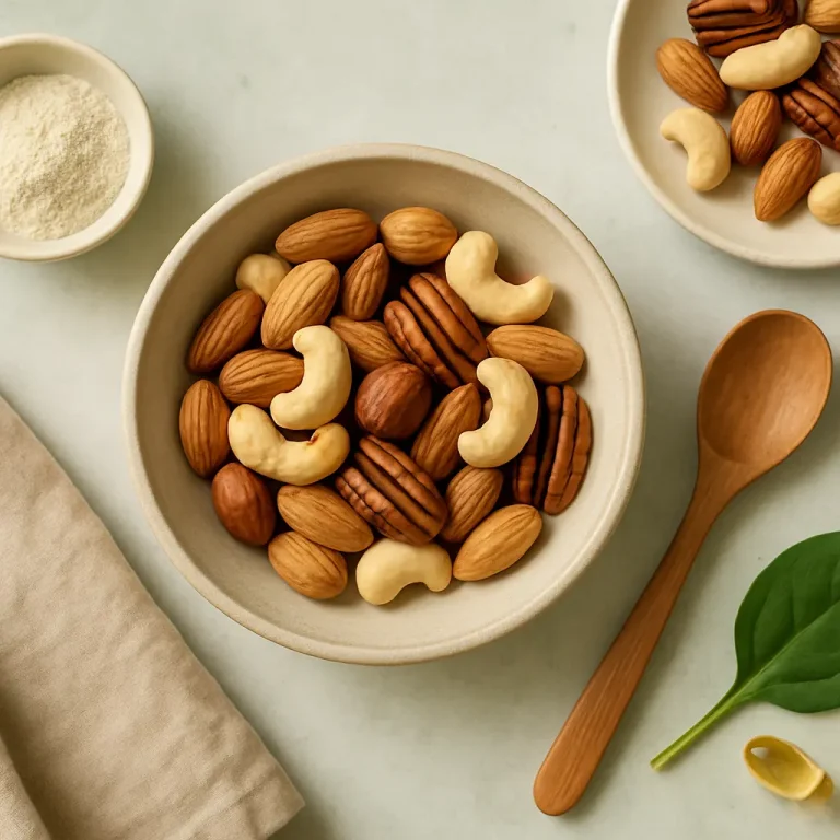 Bowl of mixed nuts including almonds, cashews, and pecans next to a wooden spoon, powdered supplement, spinach leaf, and fish oil capsule, promoting healthy eating and wellness.