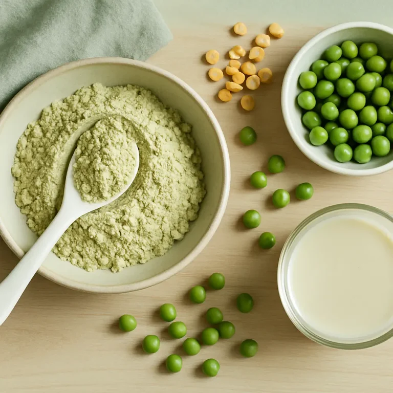 Healthy greens featuring pea protein powder, fresh peas, split peas, and a glass of plant-based milk, highlighting nutrition, wellness, and fitness benefits.
