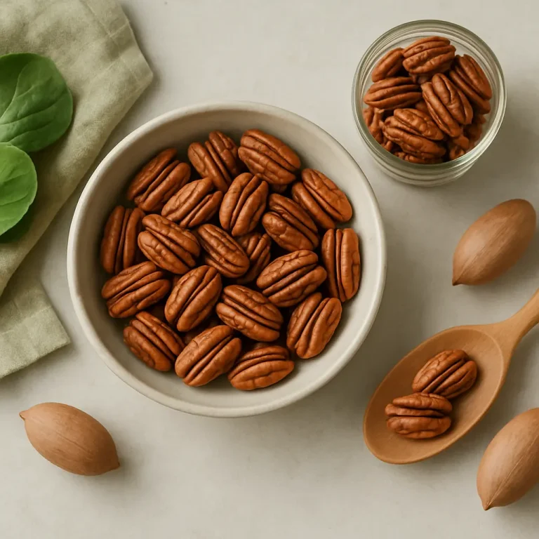 A bowl and jar filled with pecans, surrounded by fresh spinach leaves and wooden spoons, emphasizing healthy eating and nutrition-rich snacks ideal for wellness and fitness.