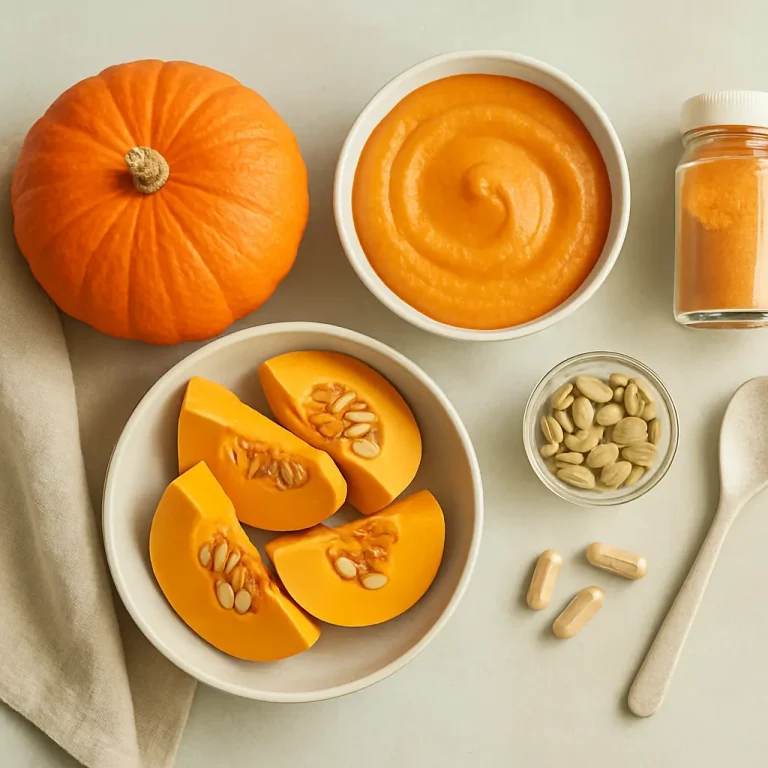 A table with a whole pumpkin, a bowl of pumpkin puree, sliced pumpkin with seeds, a jar of pumpkin powder, a small bowl of pumpkin seeds, and supplements; highlighting healthy eating, vitamins, and wellness.