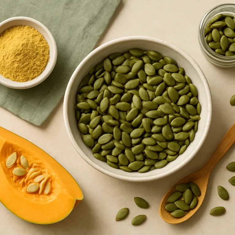 Bowl of nutrient-rich pumpkin seeds, a natural vitamin and supplement source, next to a scoop of nutritional yeast for healthy eating and wellness.