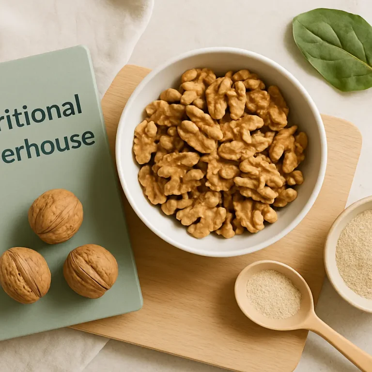 A bowl of walnuts on a wooden board, accompanied by a book titled 'Nutritional Powerhouse,' whole walnuts, and a spoon with powder, symbolizing healthy eating, vitamins, and wellness supplements.
