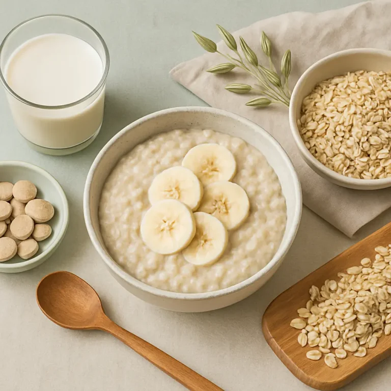 Healthy breakfast setup with a bowl of oatmeal topped with banana slices, surrounded by oats, vitamin supplements, and a glass of milk, promoting wellness, nutrition, and fitness.