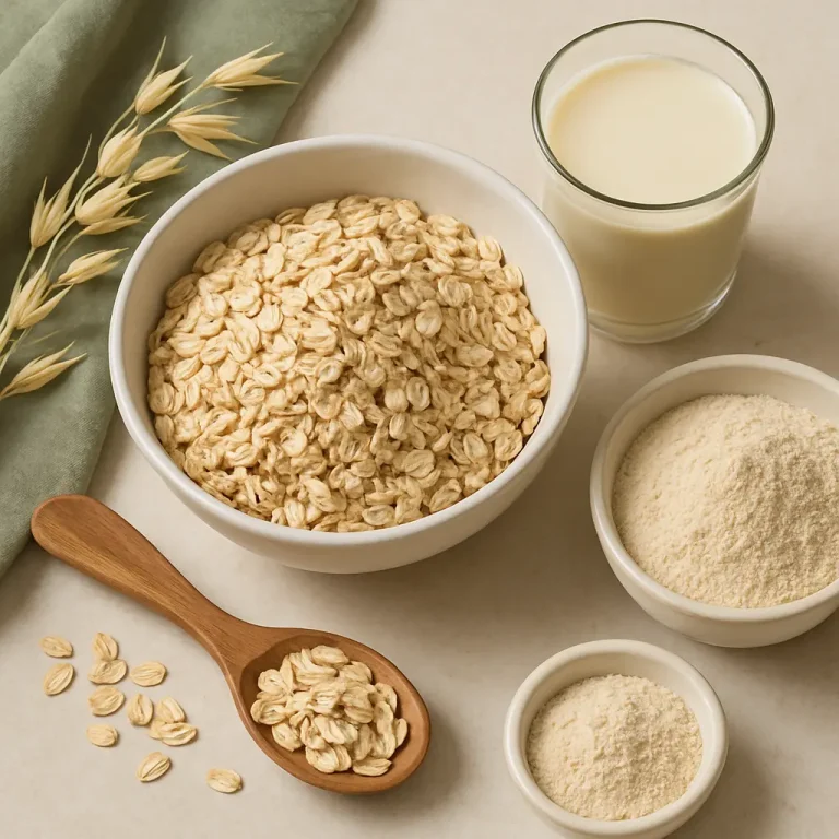 A bowl of oats next to oat powder and a glass of milk, highlighting healthy eating, wellness, and nutrition, emphasizing natural grains and protein supplements.