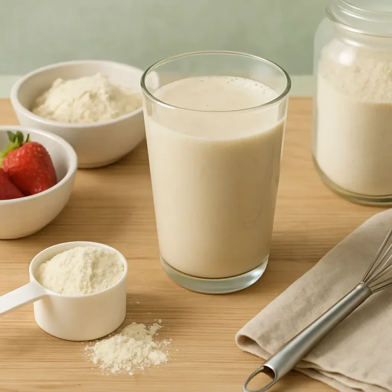 A glass of creamy protein shake surrounded by bowls of protein powder and fresh strawberries on a wooden table, promoting healthy eating, fitness, and wellness with supplements.