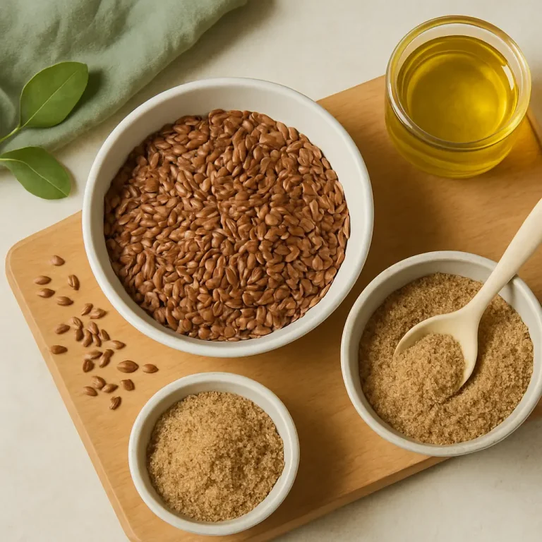 Wooden board with bowls containing flax seeds, ground flaxseed, and linseed oil, emphasizing healthy eating and wellness benefits.
