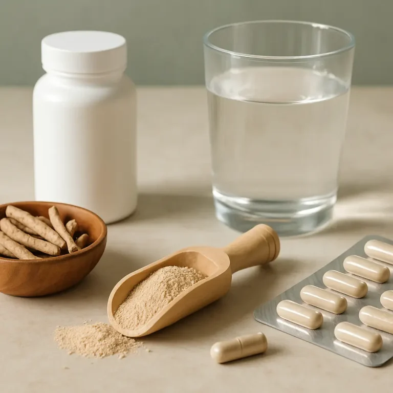 Table with herbal supplements, a powder scoop, pill blister pack, and a glass of water, highlighting healthy eating and wellness.
