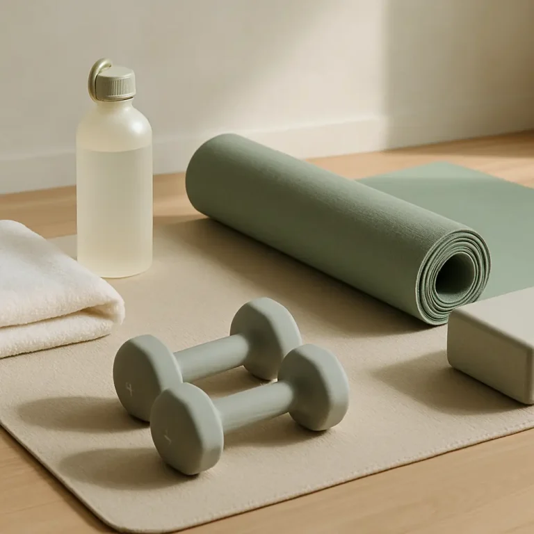 Fitness setup with green dumbbells, a rolled yoga mat, a water bottle, a towel, and a yoga block, emphasizing wellness and healthy living.