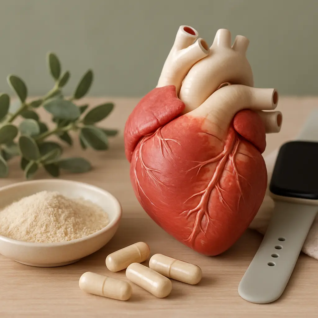Model of a human heart on a table with white supplement capsules, a bowl of powder, a smartwatch, and green foliage, symbolizing heart health, vitamins, fitness, and wellness.