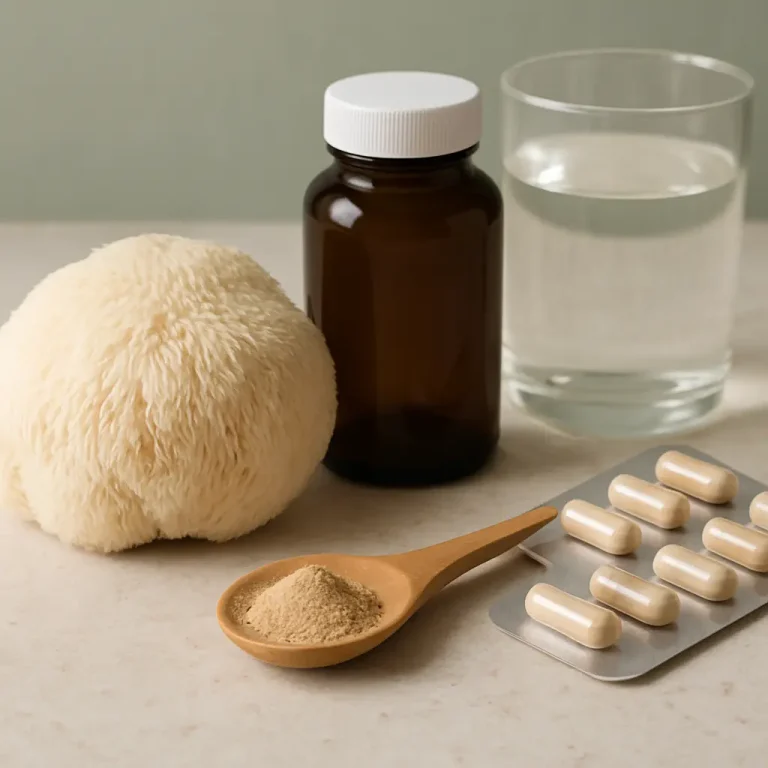 Lion's mane mushroom and supplements including powder, capsules, and a glass of water, promoting wellness, fitness, and healthy eating.