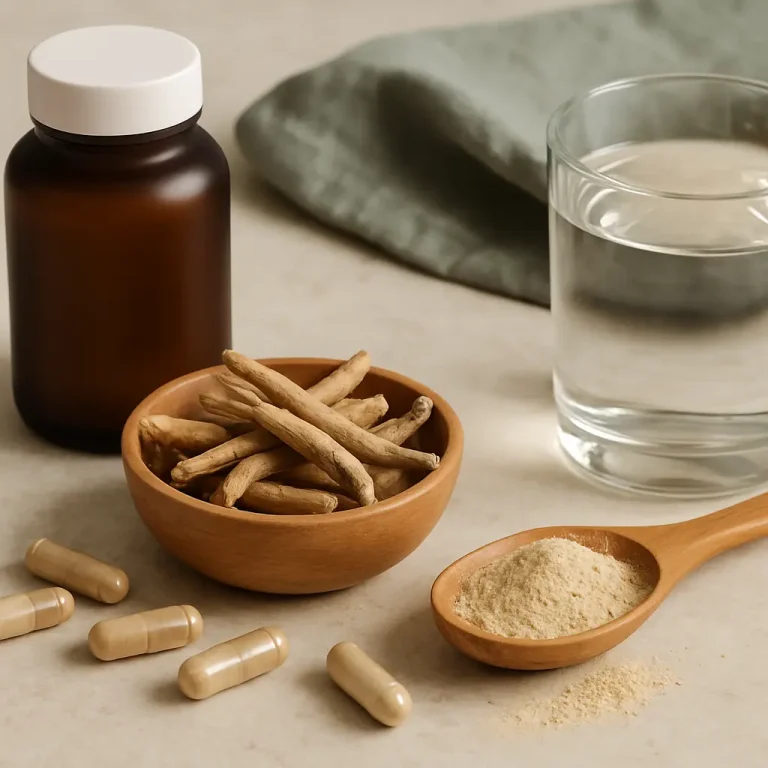 Ashwagandha supplements, including root in a bowl and capsules, next to a glass of water and a spoon of powder, emphasizing wellness and healthy eating benefits.