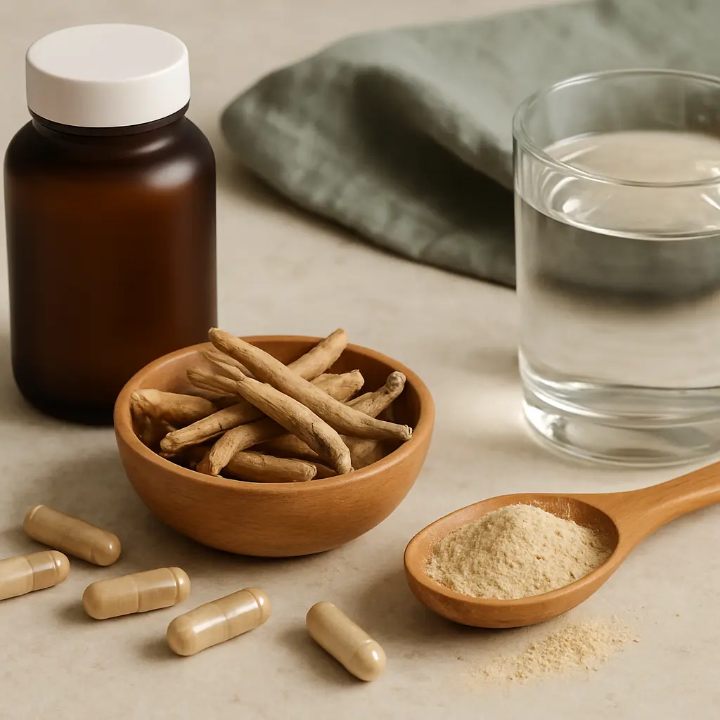 Ashwagandha supplements, including root in a bowl and capsules, next to a glass of water and a spoon of powder, emphasizing wellness and healthy eating benefits.