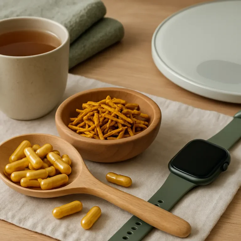 Wooden spoon filled with yellow vitamin capsules next to a bowl of healthy snacks, a cup of tea, and a fitness watch, emphasizing wellness and healthy eating.