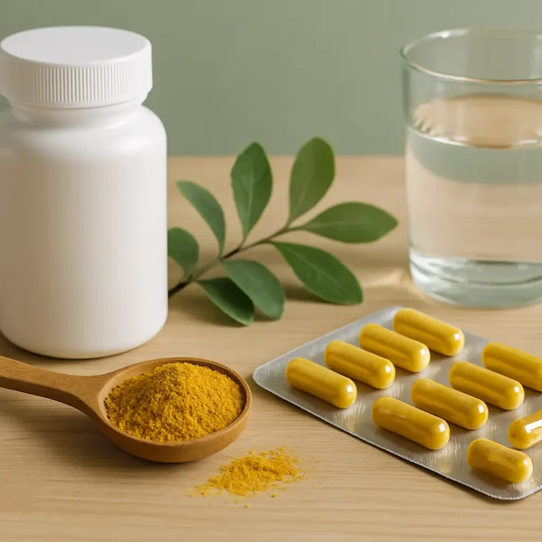 Close-up of vitamin capsules with turmeric powder, a white supplement bottle, a glass of water, and green leaves on a wooden table, emphasizing wellness and healthy eating.