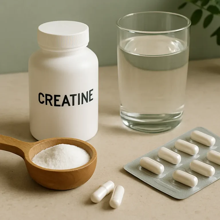 Creatine supplements featured with a bottle, a scoop of powder, capsules, and a glass of water, ideal for fitness and wellness.