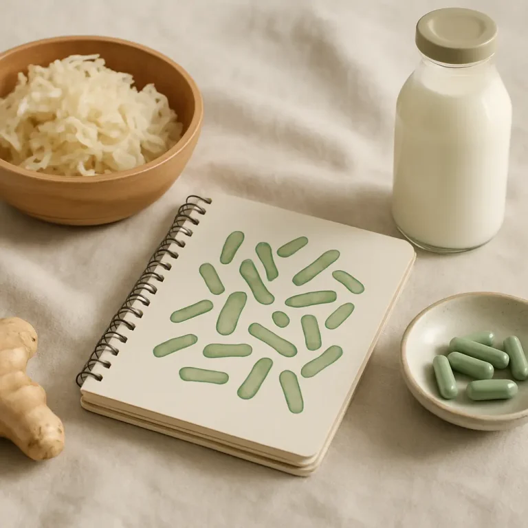 A top view of kombucha ingredients including a bowl of shredded cabbage, a piece of ginger, a bottle of milk, a notebook with bacteria illustrations, and a dish of green vitamin capsules, highlighting supplements and wellness.