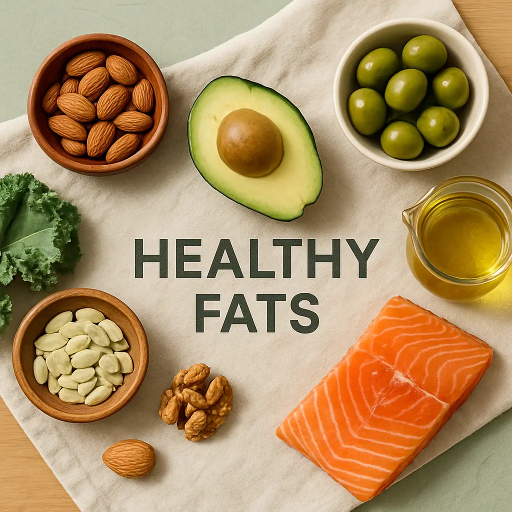A variety of healthy fats including almonds, avocado, green olives, kale, beans, walnuts, salmon, and olive oil, promoting wellness and healthy eating.