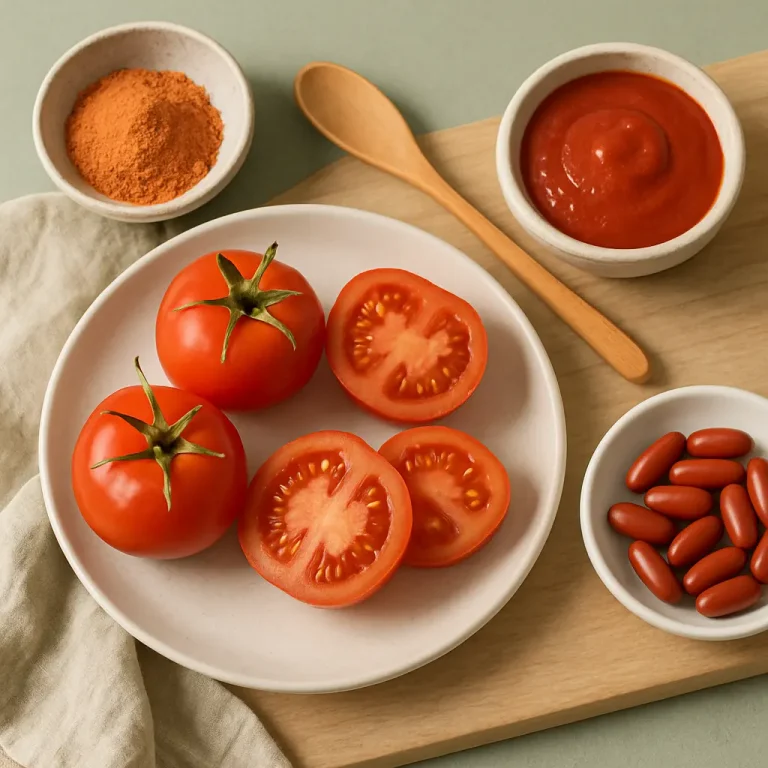 A wooden board with fresh tomatoes, tomato powder, tomato sauce, and tomato-shaped supplements showcasing the benefits of lycopene in healthy eating and wellness.