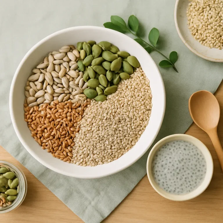 Variety of seeds in a bowl, including sunflower, pumpkin, and sesame seeds, promoting healthy eating and wellness; accompanied by a chia seed pudding, highlighting fitness and nutrition benefits.